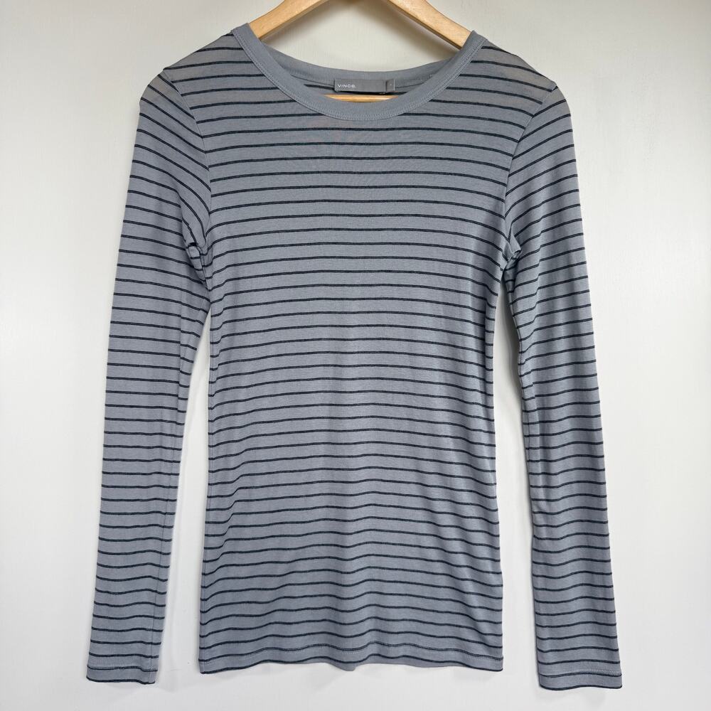 Vince Gray Black Striped Long Sleeve Crew Neck Tee Shirt Top Women's Size Small